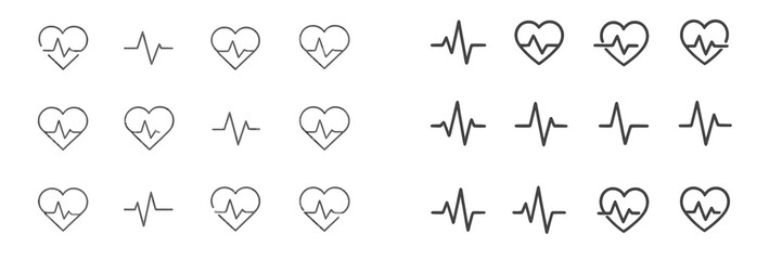 Varied heart and heartbeat icons arranged in a grid display for health and wellness concepts