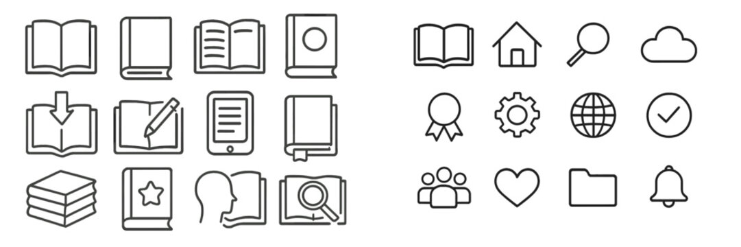 Icon collection showcasing various symbols related to reading, knowledge, and technology in a minimalist style