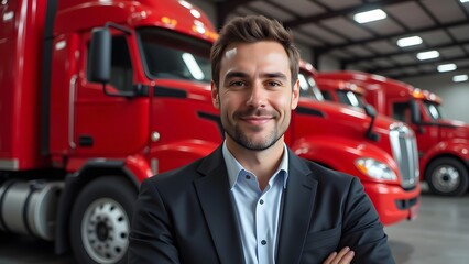 Confident businessman smiles, arms crossed, standing before three vibrant red semi-trucks in a spacious garage setting. A successful entrepreneur.