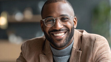 Professional man smiling warmly in a modern cafe setting