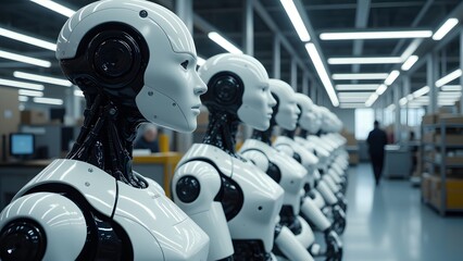 A line of sleek, humanoid robots stands poised in a modern factory setting, awaiting activation, a vision of advanced automation and the future of work.
