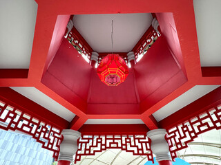 Detail close up of Chinese pagoda architectural structure design. Seen here the octagon, intricate...