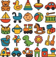 Cute baby icon set with toys animals and holiday-themed illustrations