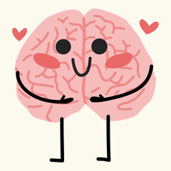 Brain hugging itself cartoon for mental health awareness