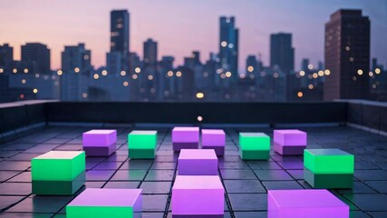 Pulling back camera revealing rooftop terrace at dusk, cubes rotating to swap purple green faces - Powered by Adobe