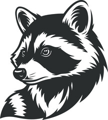 Fluffy raccoon logo, raccoon icon with head looking to the left, black icon.