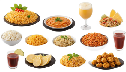 A spread of various dishes including rice, pasta, drinks, and lemon slices on a black background