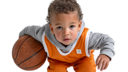 Cute Toddler with Basketball: An adorable toddler, dressed in an orange basketball jersey and grey hoodie, clutches a basketball, gazing intently at the camera with a serious expression.