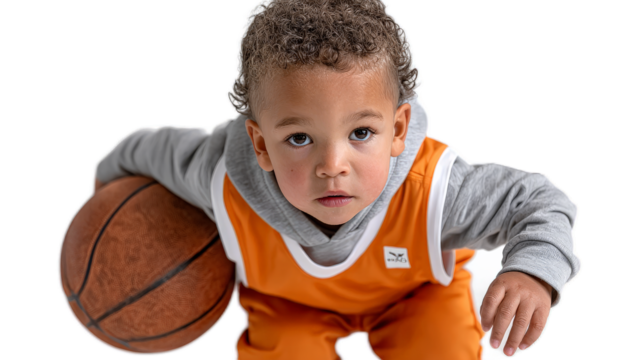 Cute Toddler with Basketball: An adorable toddler, dressed in an orange basketball jersey and grey hoodie, clutches a basketball, gazing intently at the camera with a serious expression.
