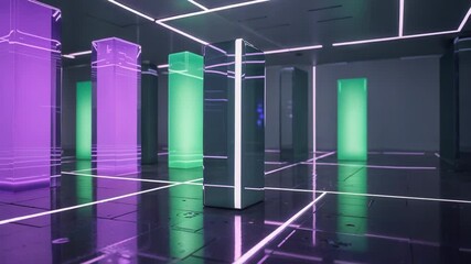Panning camera uncovering pulsing violet green pillars in tech chamber, with reflective grid floor - Powered by Adobe