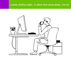 Man Drinking Coffee at Computer Desk Illustration