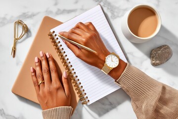 Naklejka premium Elegant workspace setup with a notebook, pen, and a cup of coffee