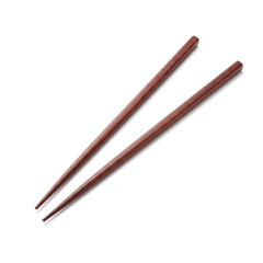A pair of traditional wooden chopsticks placed diagonally, isolated on a white background.

