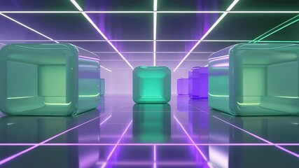 Loop starting virtual environment showing static translucent cubes on neon grid, futuristic chamber - Powered by Adobe