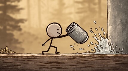A stick figure pushes away a soda can, choosing water instead, symbolizing a healthy lifestyle choice and commitment to better hydration habits.
