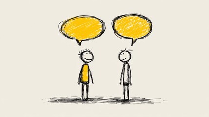 Two stick figures engage in conversation with speech bubbles, representing clear and focused interpersonal communication.
