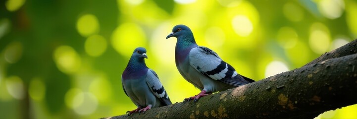 Pair of pigeons perched on a Sri Lankan tree, sunlight dappling feathers, forest, closeup, Sri Lankan pigeon