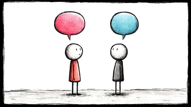 Facing each other, the stick figures use speech bubbles to depict open, direct conversation fostering understanding and connection.
