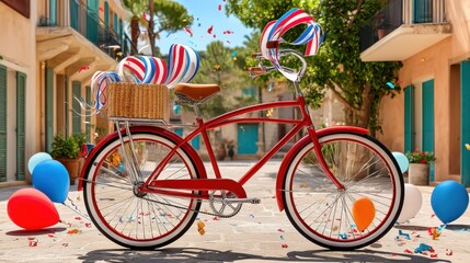 Fototapeta premium Red bicycle festively adorned with balloons in a picturesque sunny street