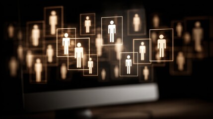 Multiple stick figures appear in boxes on a computer screen, illustrating remote group communication and virtual meetings.
