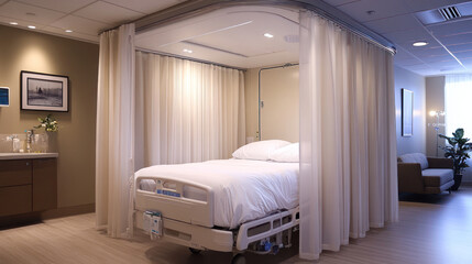 Modern hospital room with a bed encased in a soft, white curtain enclosure