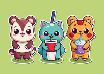 Three Cute Cartoon Animals Enjoying Drinks on a Light Green Background cartoon