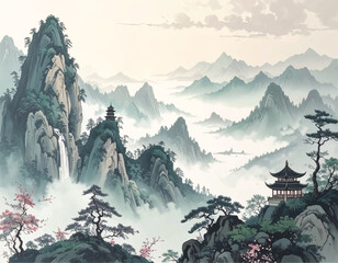 Chinese misty landscape with mountains and traditional architecture. Serene mountains and traditional pagodas in an Asian landscape. Chinese-style landscape with fog, mountains, and a distant pagoda.