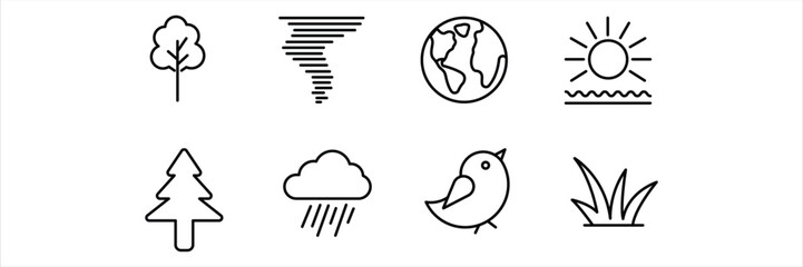 Nature elements with trees clouds birds sun and grass minimalist linear style icon vector illustration for design projects.