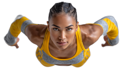 Powerful Woman Athlete: A strong and determined female athlete in a dynamic pose, showcasing athleticism and fitness. Her intense gaze and powerful physique exude strength and confidence.