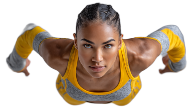 Powerful Woman Athlete: A strong and determined female athlete in a dynamic pose, showcasing athleticism and fitness. Her intense gaze and powerful physique exude strength and confidence.