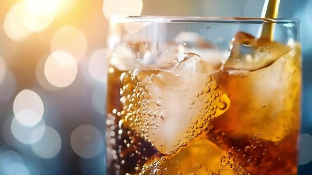 Refreshing cold soft drink with ice cubes glass, fizzy bubbles rising and golden background, carbonated beverage being poured, cool and thirst quenching refreshment, cold fizzy bubbles - Powered by Adobe