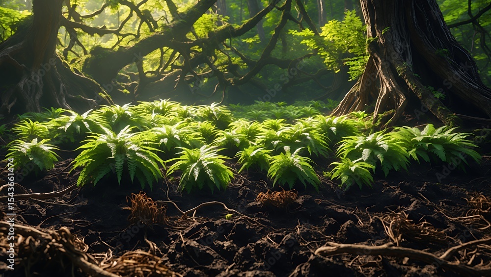 Poster ferns growing in a forest with roots and twisted tree branches