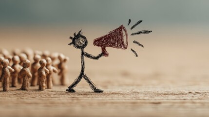 This scene shows a stick figure projecting messages through a megaphone, highlighting the urgency and clarity in communication.
