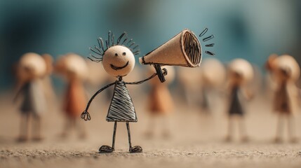 The stick figure’s megaphone amplifies voice to a group, representing authoritative or time-sensitive information sharing.
