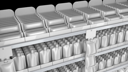 Close-up of supermarket shelves with stick sachet and stand-up pouches in display boxes and hanging strip with pillow pouches. 3d illustration isolated on black