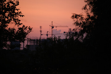 Construction cranes and urban buildings silhouette at sunset, throug the tree leaves, evening...