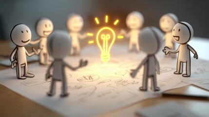 This scene captures stick figures exchanging bright ideas and plans, symbolizing a creative and communicative team dynamic.
