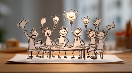 Around a table, stick figures engage in spirited discussion, embodying the flow of ideas and collective creativity.
