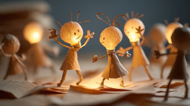 Stick figures collaborate with papers and lightbulbs, showcasing vibrant group communication and imaginative thinking.
