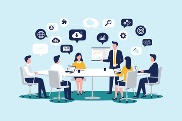  Business team meeting discussing global strategy, financial data, and technological solutions, fostering collaborative problem-solving and innovative decision-making. flat vector illustration