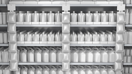 Close-up of supermarket shelves with soft liquid packaging pouches with handle design and stand-up pouches in display boxes and hanging strip with pillow pouches. 3d illustration