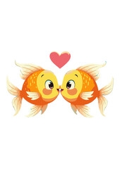 Graphic flat design drawing of two goldfishes kissing underwater. Pair of cute fish pets. Living in aquarium together. Tame animal icon. Happy romantic couple symbol. Cartoon style .
Two fishes are ki