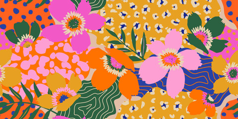 Hand drawn exotic floral pattern. Seamless patterns with flowers and leopard. For fabric, textiles, clothing, posters, covers, banners, wall art, home decor, abstract backgrounds.