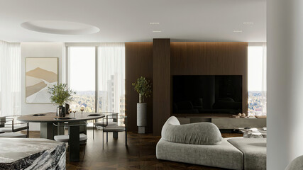 Fototapeta premium Modern luxury apartment interior in minimal scandinavian style, 3d rendering