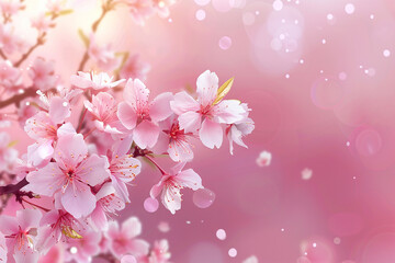 Branches of blossoming cherry against background of blue sky and fluttering butterflies in spring on nature outdoors. Pink sakura flowers, dreamy romantic artistic image of spring nature.