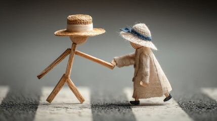 A stick figure helps an older person cross the street, showcasing community care, safety, and kindness toward vulnerable individuals.
