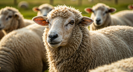 Fototapeta premium Close-Up of Curious Sheep in Pasture, Generative AI