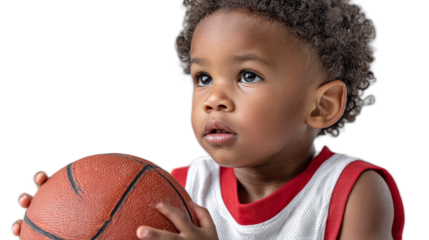 Future basketball star: A cute African-American child with curly hair, holding a basketball, full of dreams and focus, looking upwards as if already aiming for the stars.