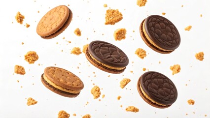 Fototapeta premium Delicious chocolate and vanilla sandwich cookies falling against white background