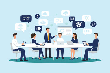  Business team meeting discussing global strategy, financial goals, cloud technology, and market research for collaborative problem-solving and innovation success.flat vector illustration